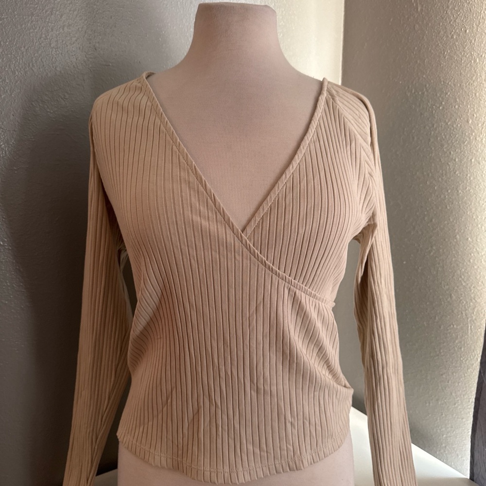 Universal Thread Cream Ribbed Long Sleeve Wrap Top